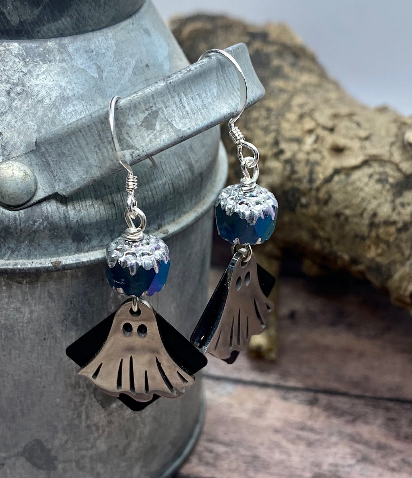 Ghost earrings with midnight blue cathedral and black. Item #s1123-016