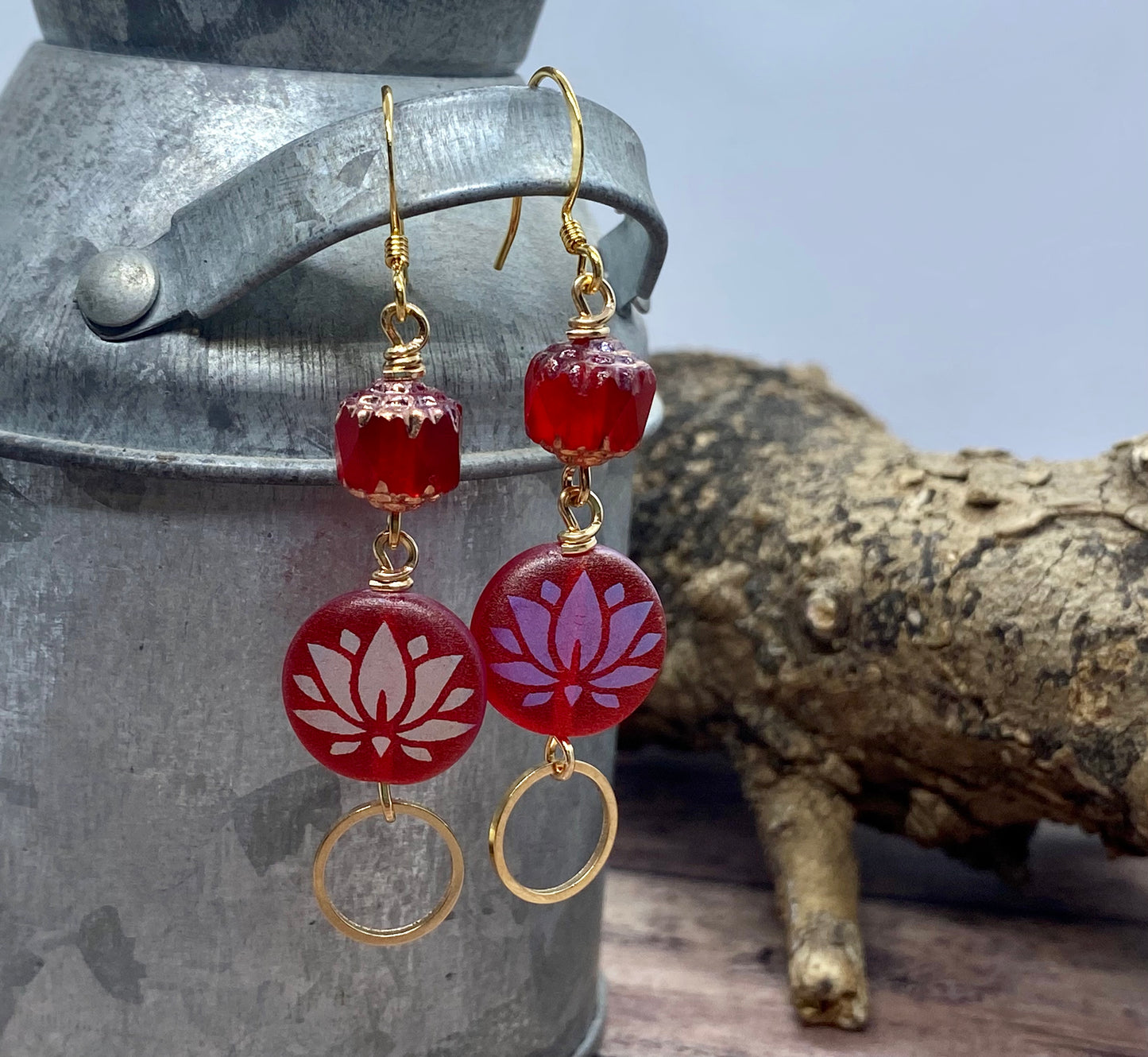 Handcrafted lotus laser etched earrings. Item#s1123-e011