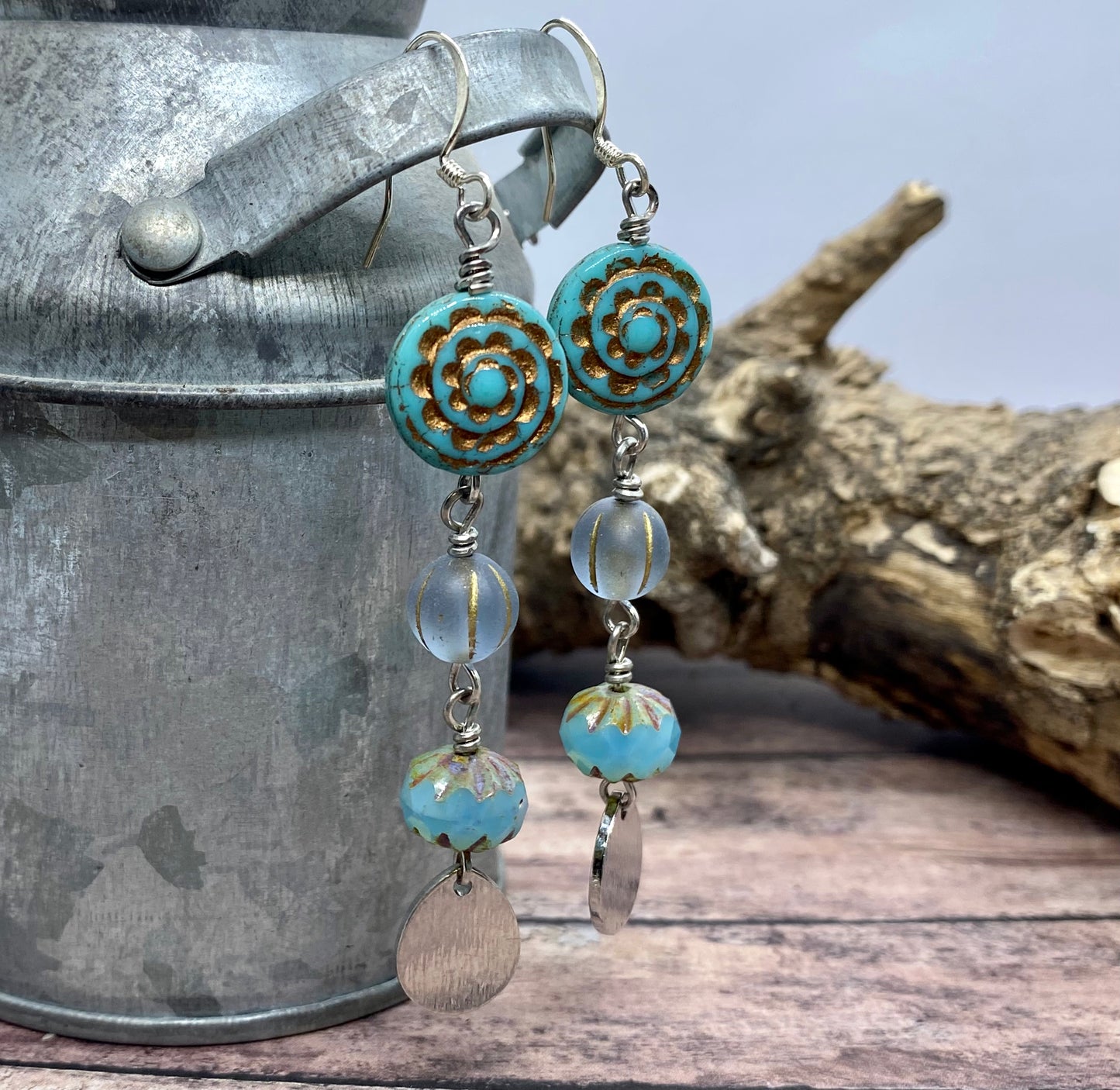 Handcrafted turquoise blue czech earrings. Item #s1123-e08