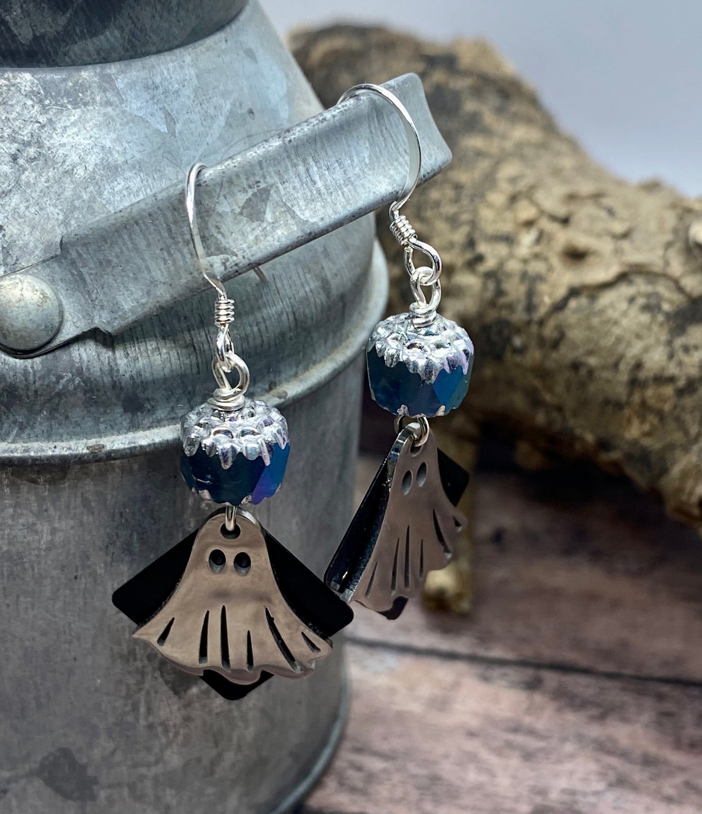 Ghost earrings with midnight blue cathedral and black.  Item #s1123-016