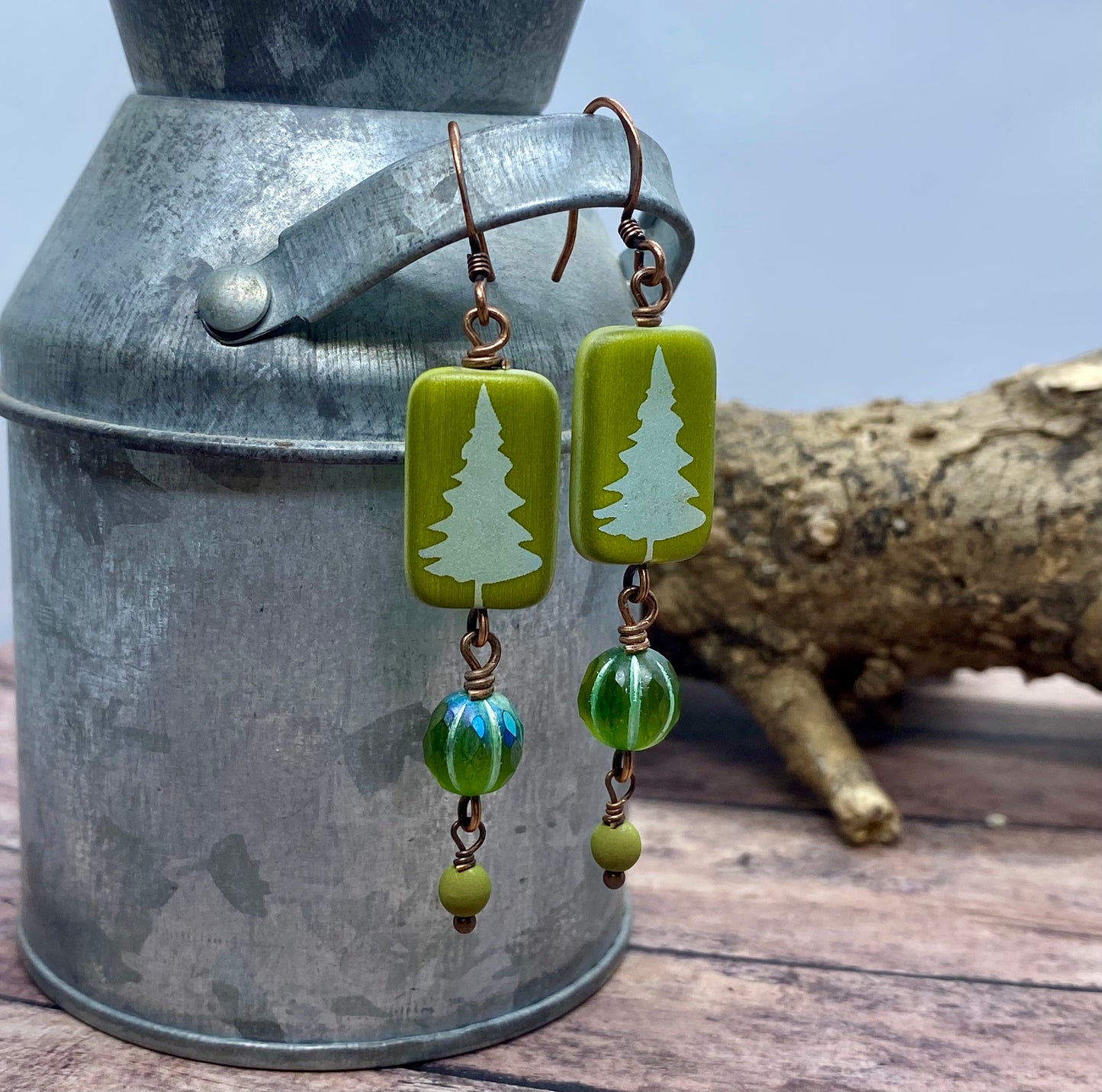 Handcrafted green tree earrings.  Item #s1123-e18