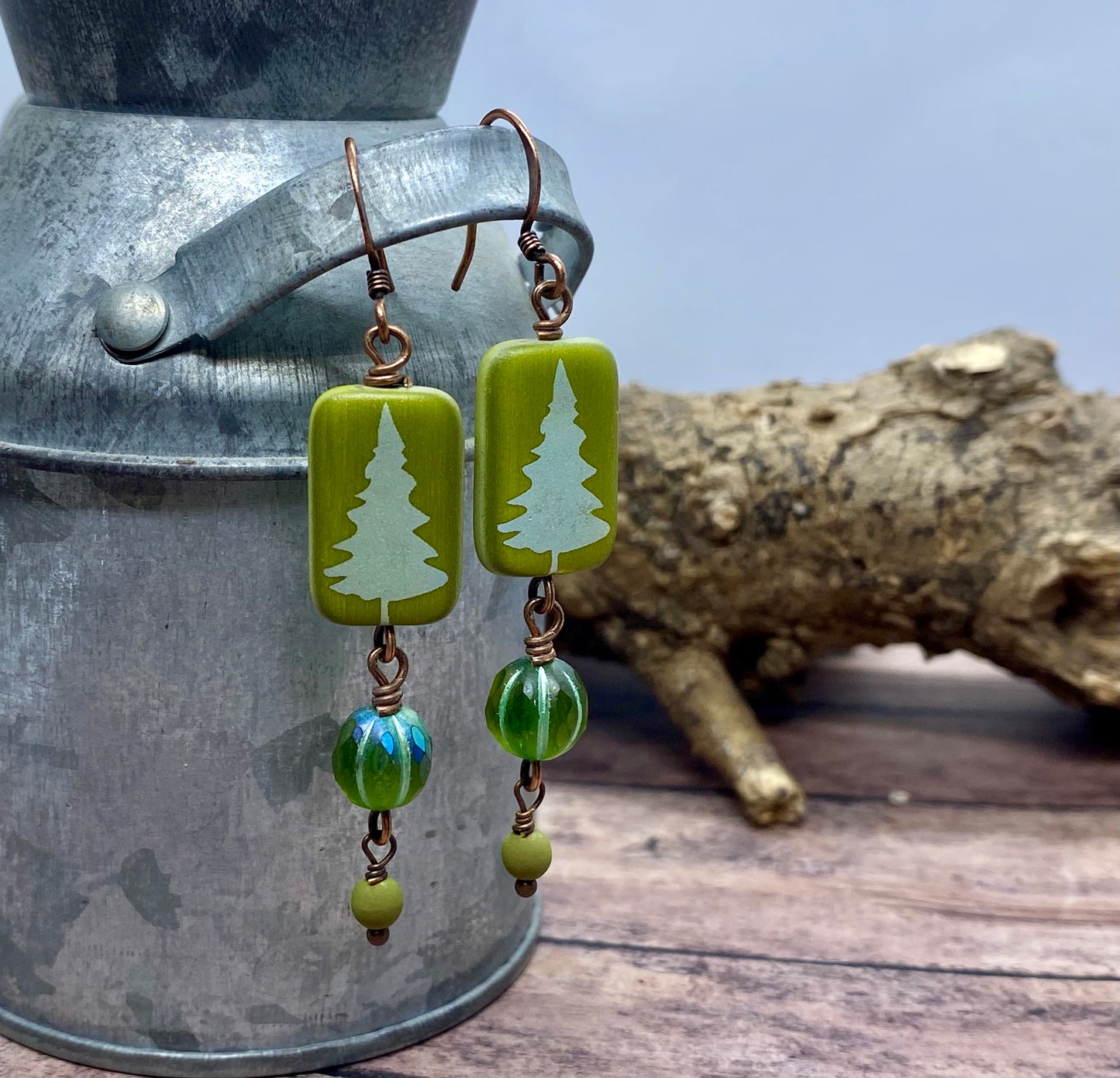 Handcrafted green tree earrings.  Item #s1123-e18