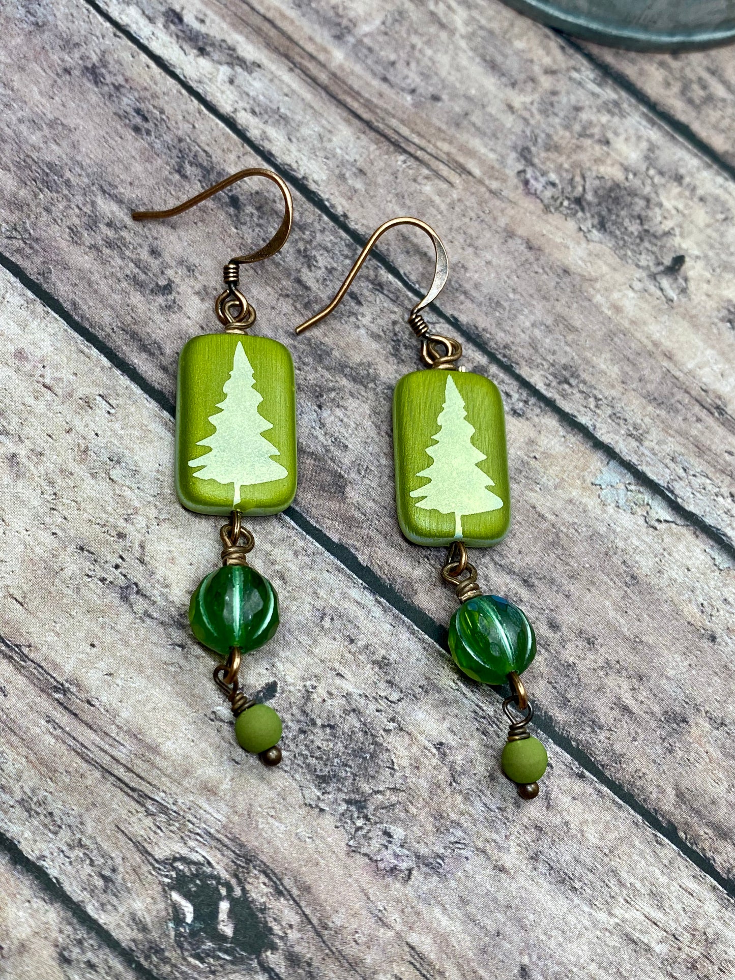 Handcrafted green tree earrings.  Item #s1123-e18