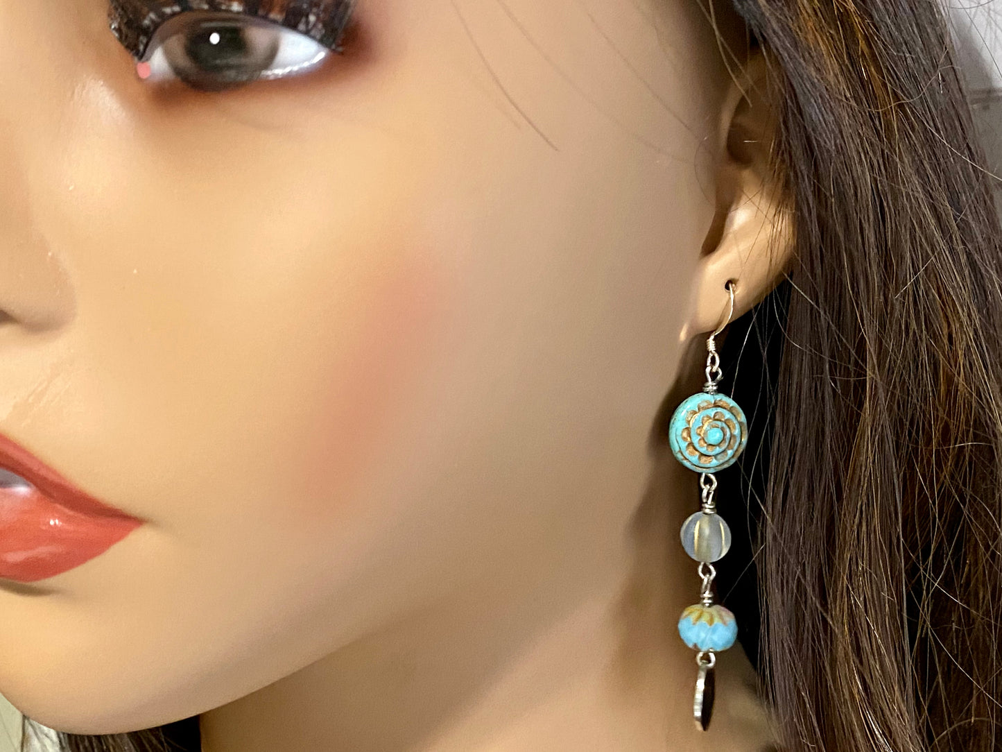 Handcrafted turquoise blue czech earrings. Item #s1123-e08