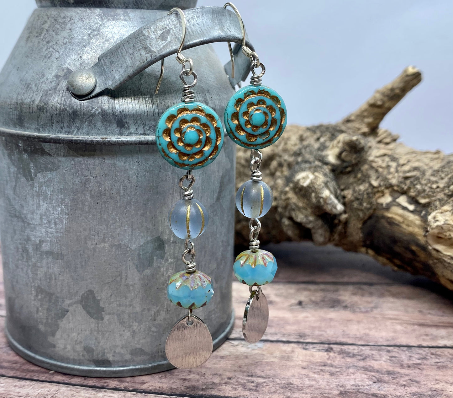 Handcrafted turquoise blue czech earrings. Item #s1123-e08