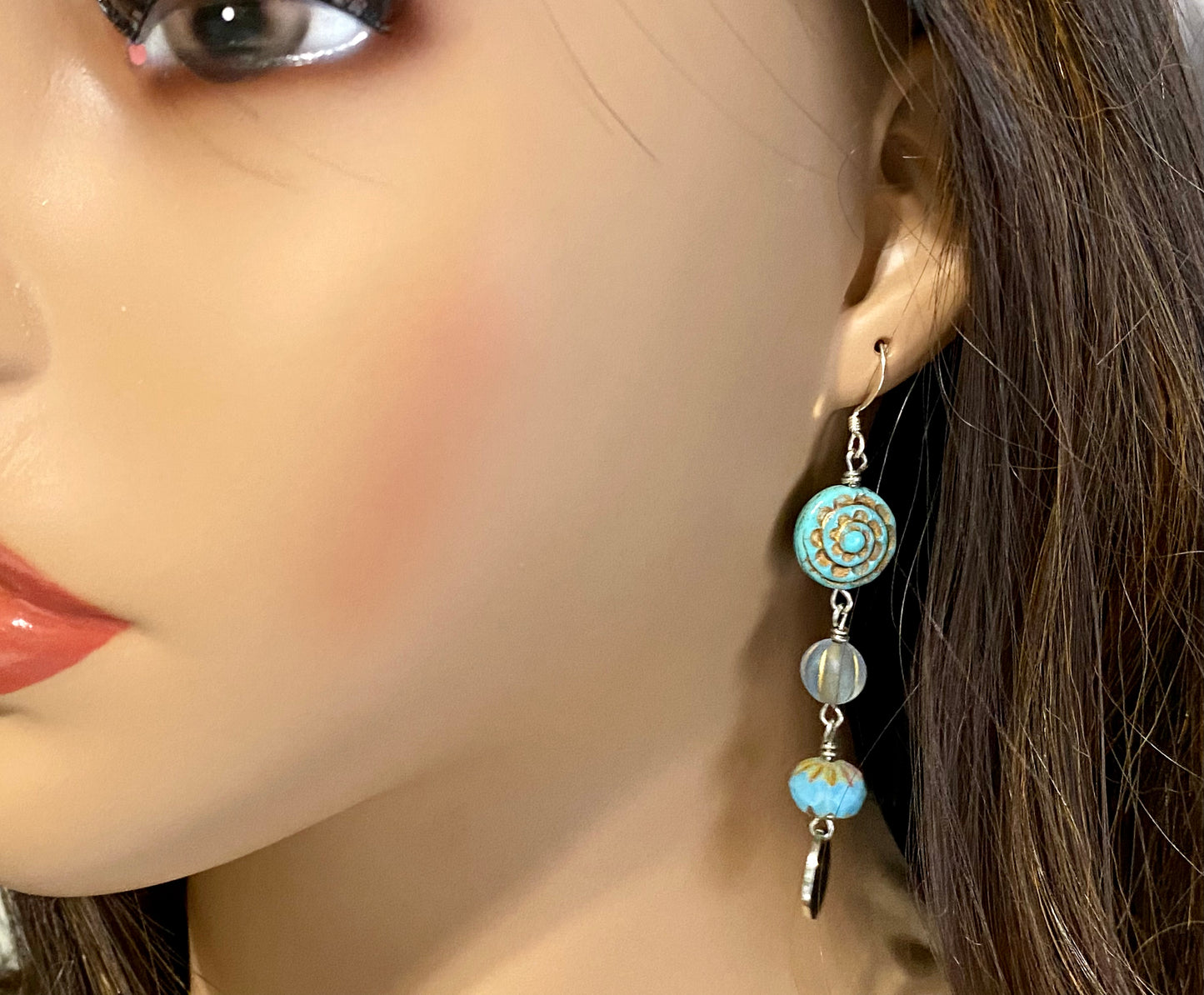 Handcrafted turquoise blue czech earrings. Item #s1123-e08