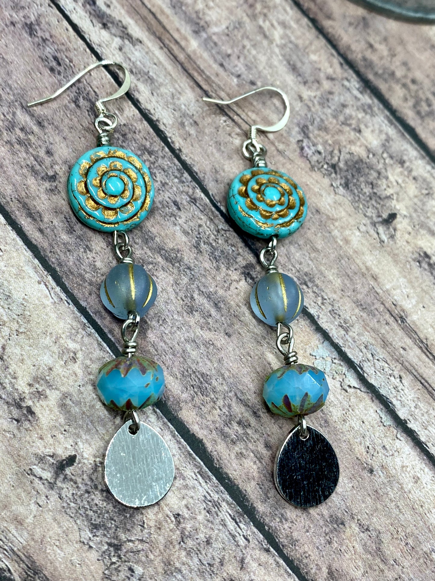 Handcrafted turquoise blue czech earrings. Item #s1123-e08