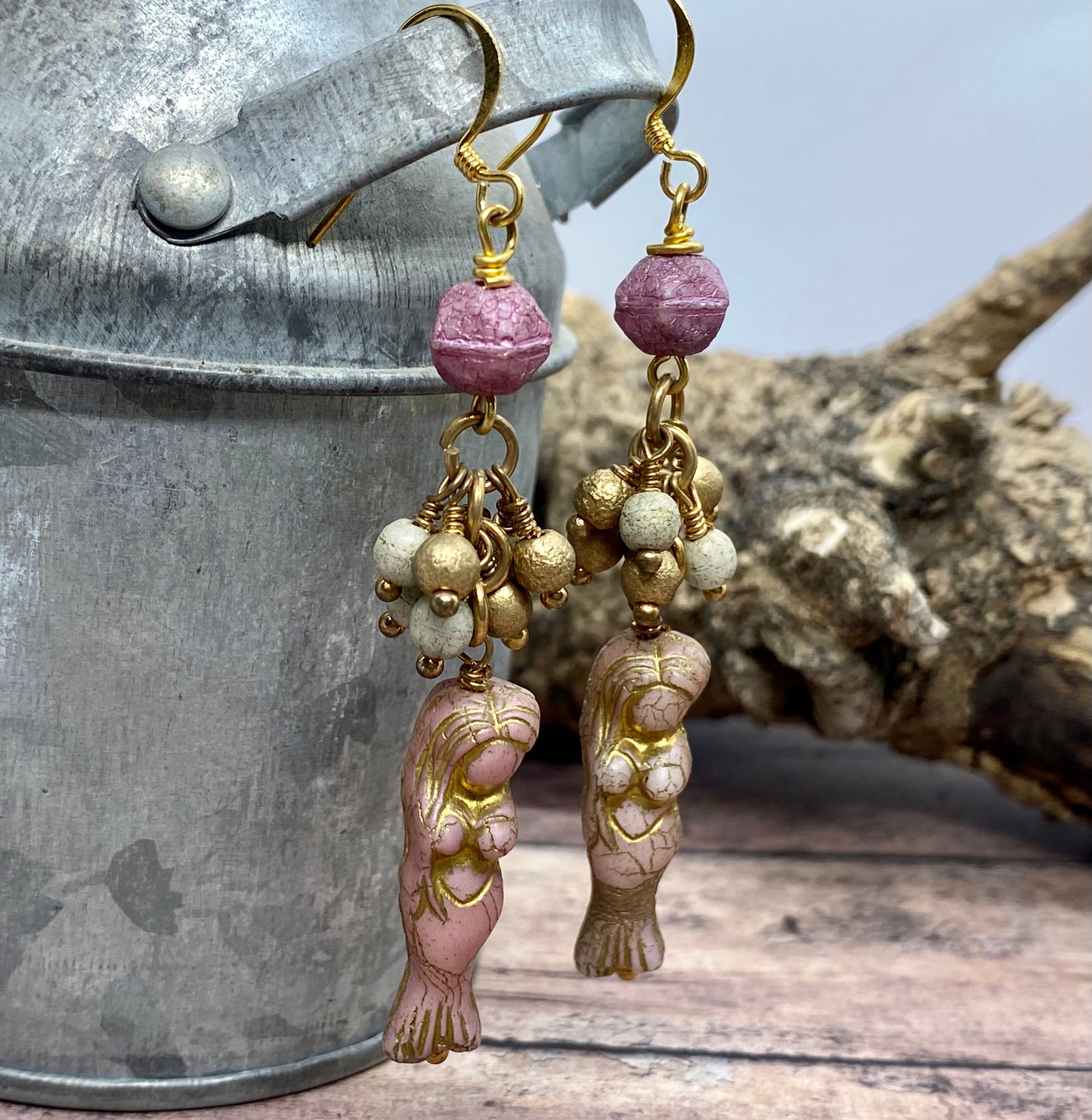 Handcrafted mermaid cluster earrings.  Item #s1123-e04